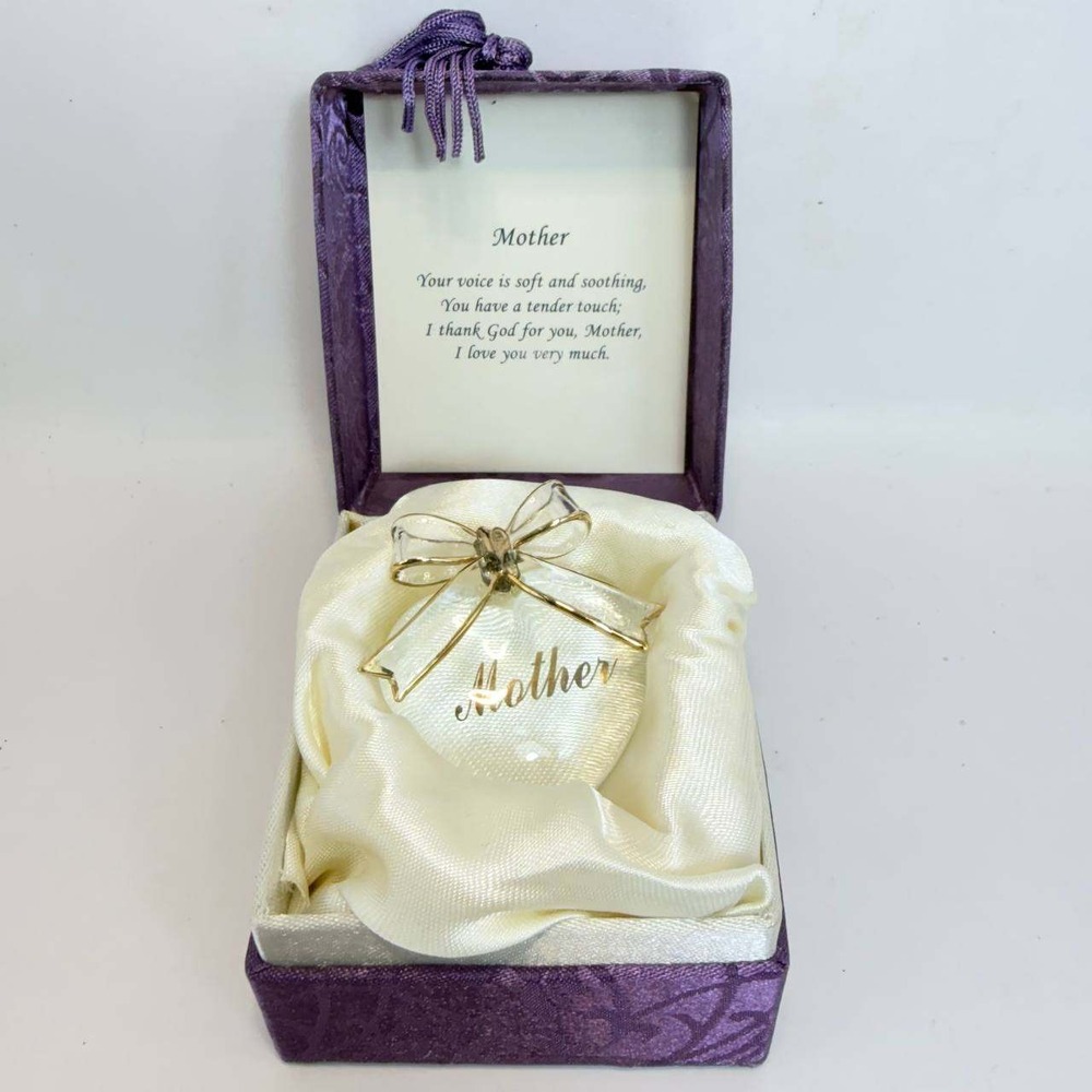 Vintage Glass Heart Mother Paperweight Gold Bow Figurine with Purple Gift Box